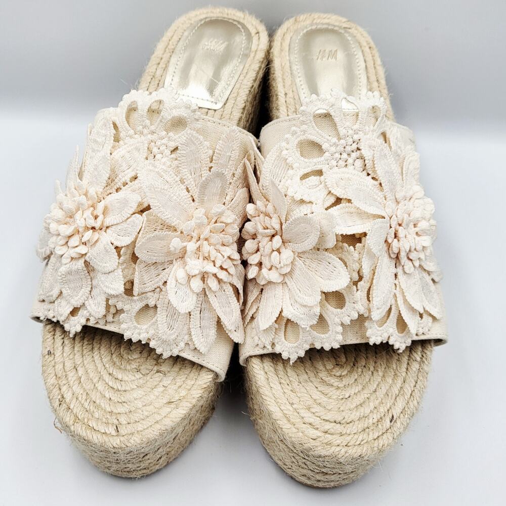 NWT H&M Espadrille Wedge Platform Sandals Cream Beige Floral Applique Women's 10